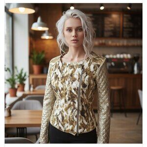 WLG by Giorgio Brato Gold and White Moto Jacket Sequin Sleeves Size XS/S